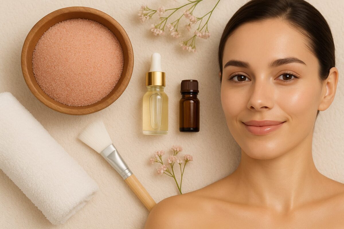 Himalayan pink salt in a wooden bowl with natural skincare items and a woman’s glowing face, showcasing a skincare routine using Himalayan salt