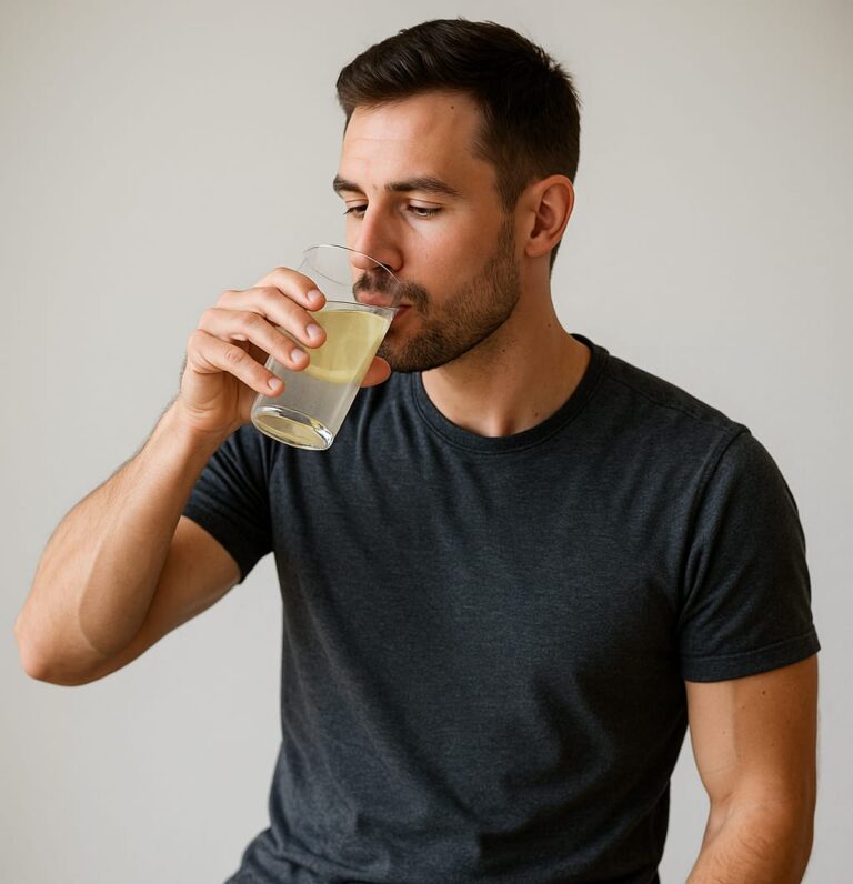 "Man drinking water with Himalayan salt, lemon, and honey on table."