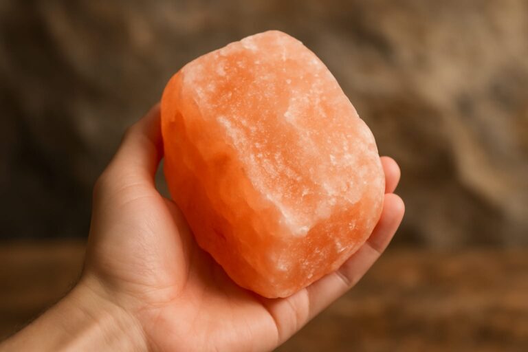 Hand holding a raw pink Himalayan salt sone