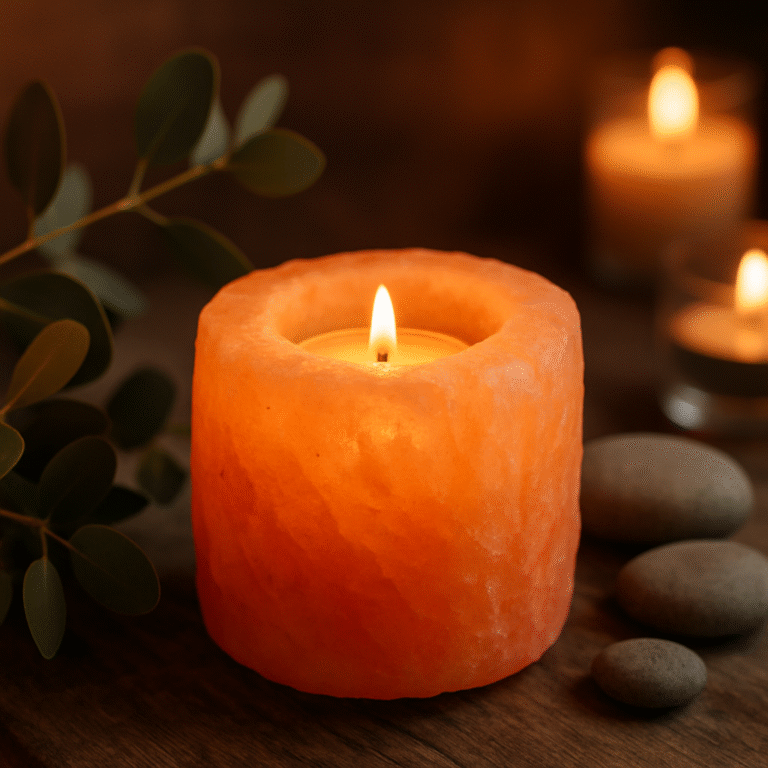 "Hand-carved Himalayan Salt Candle Holder – soft amber glow for cozy spaces."