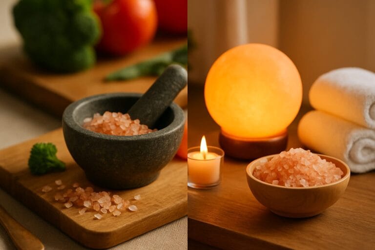 Usages du sel rose de l’Himalaya — à gauche, une scène de cuisine rustique avec des cristaux de sel rose dans un mortier en pierre sur une planche en bois, accompagnés de légumes frais ; à droite, une scène de spa avec une lampe ronde en sel de l’Himalaya allumée, un bol de sel rose, des serviettes blanches roulées et une bougie allumée, le tout dans une lumière ambiante chaude.
